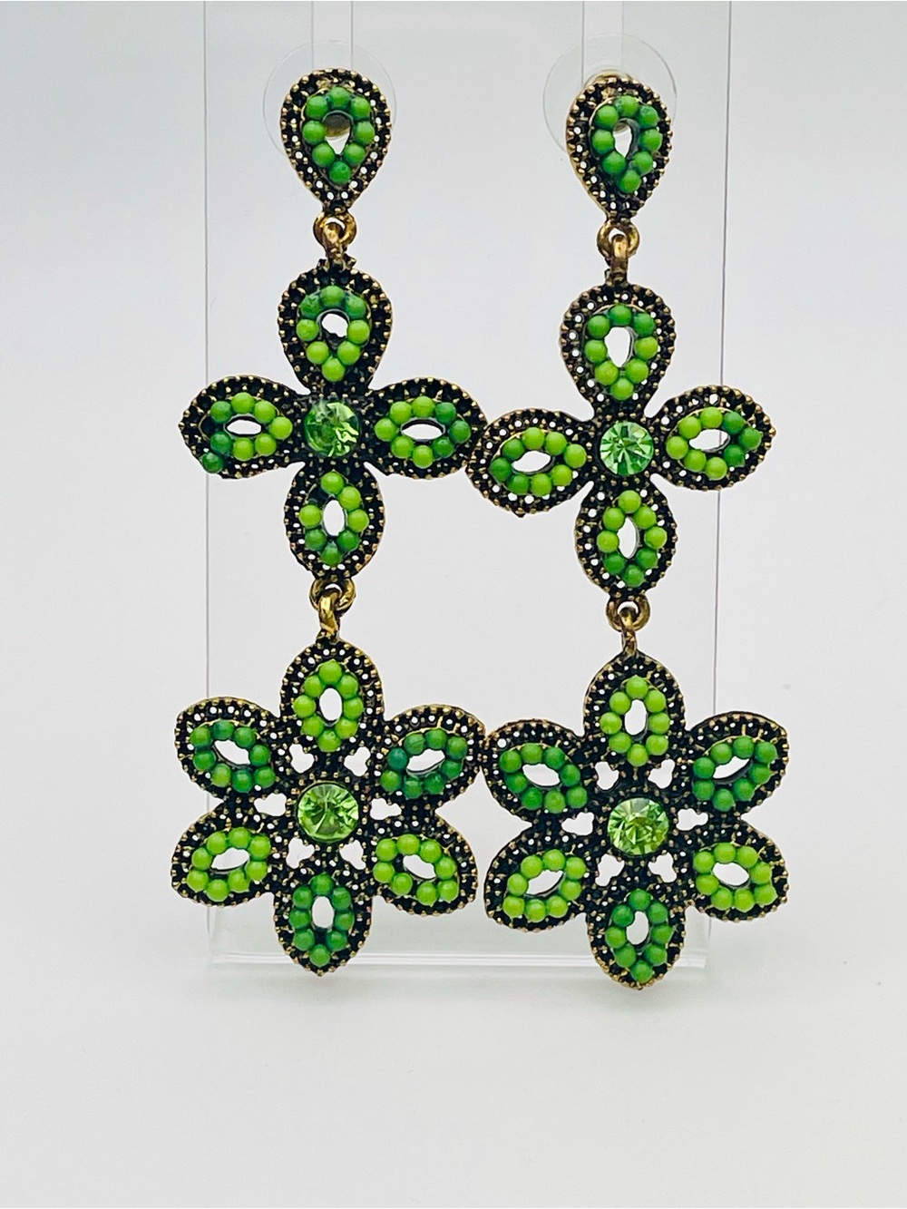Green Floral Drop Earrings w/ Crystals- Gold tone.Women Jewelry